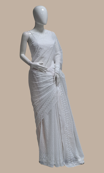 White Cotton Embroidered Sari