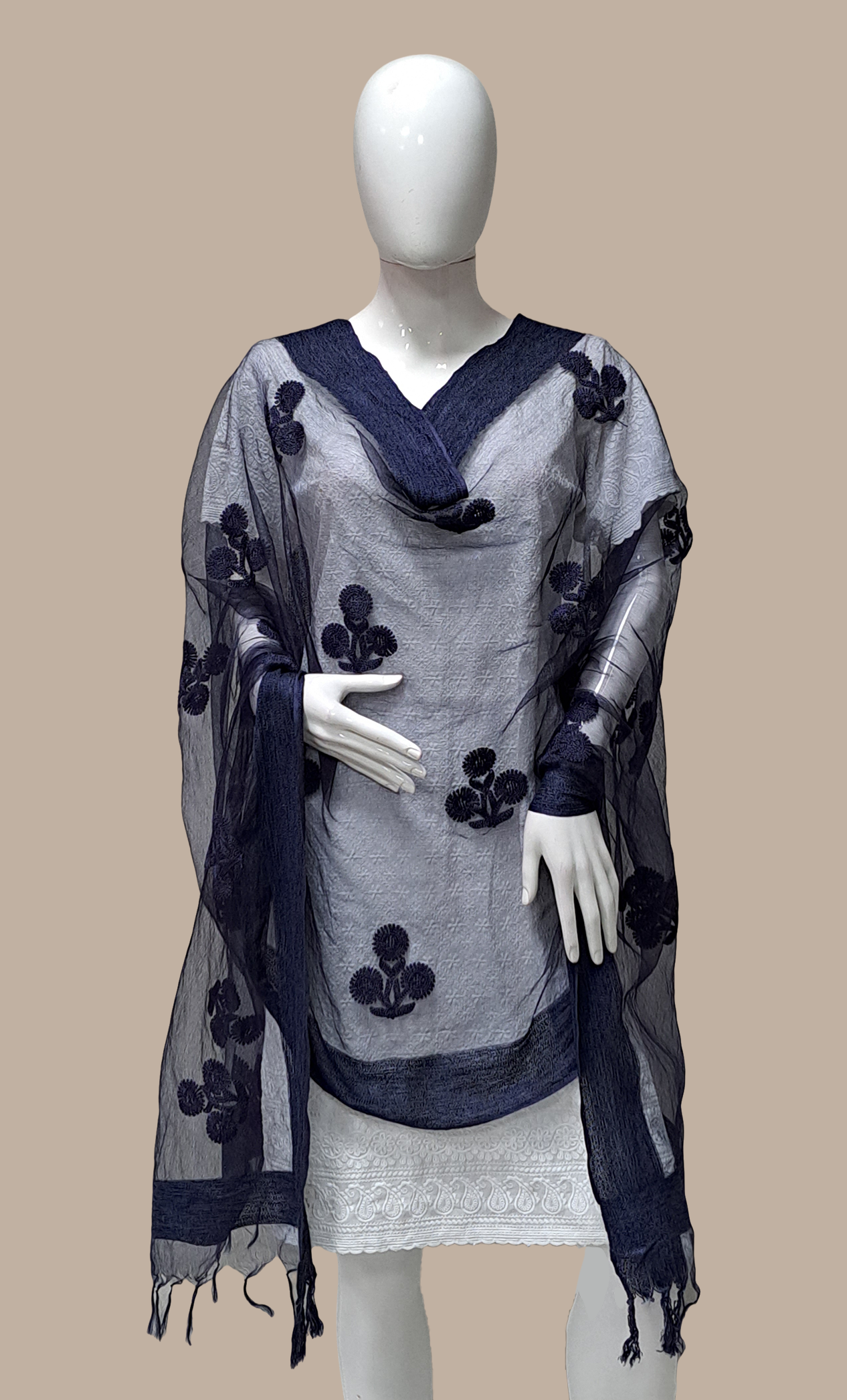 Navy Embroidered Dupatta