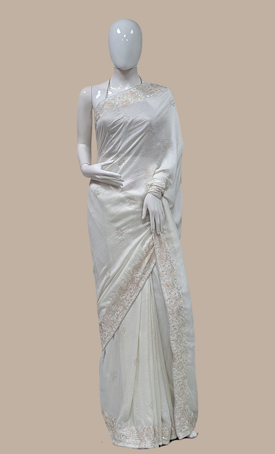 Soft Cream Embroidered Sari