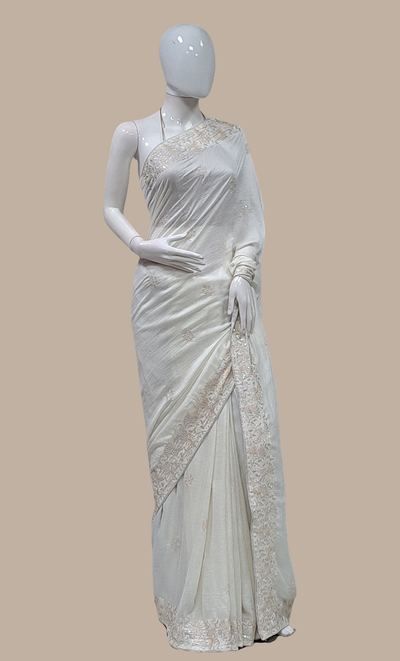 Soft Cream Embroidered Sari