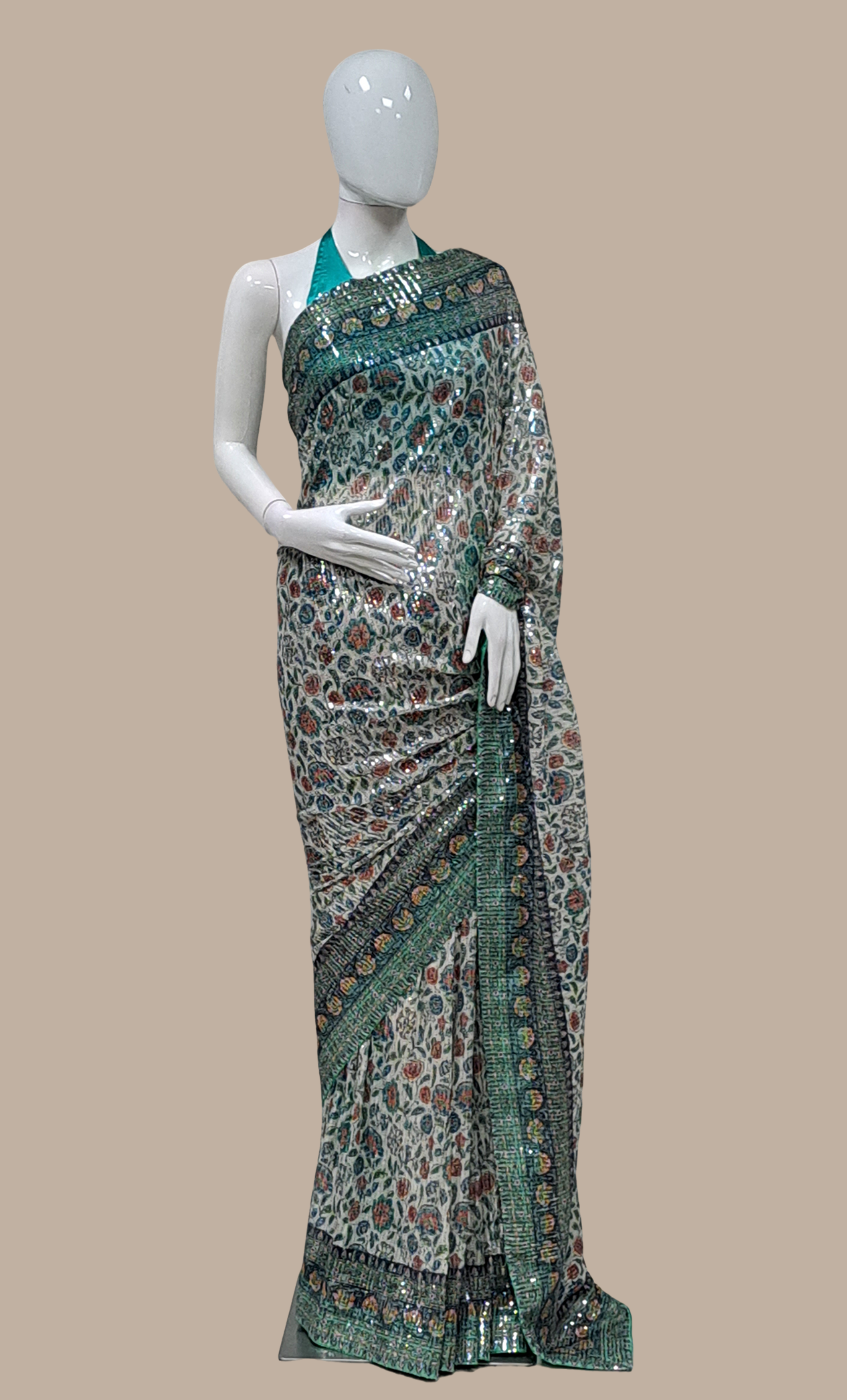 Aqua Green Sequin Embroidered Sari