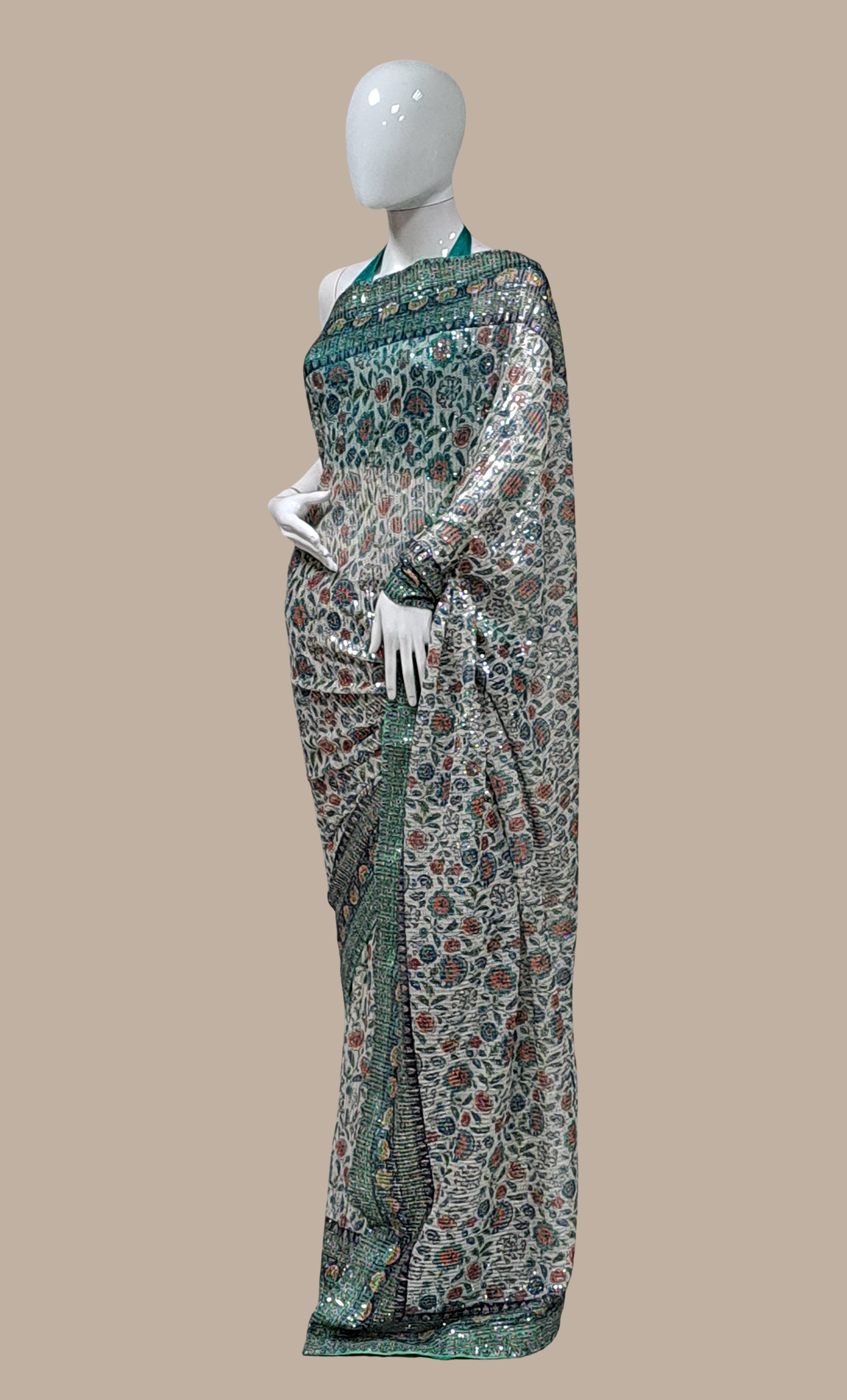 Aqua Green Sequin Embroidered Sari