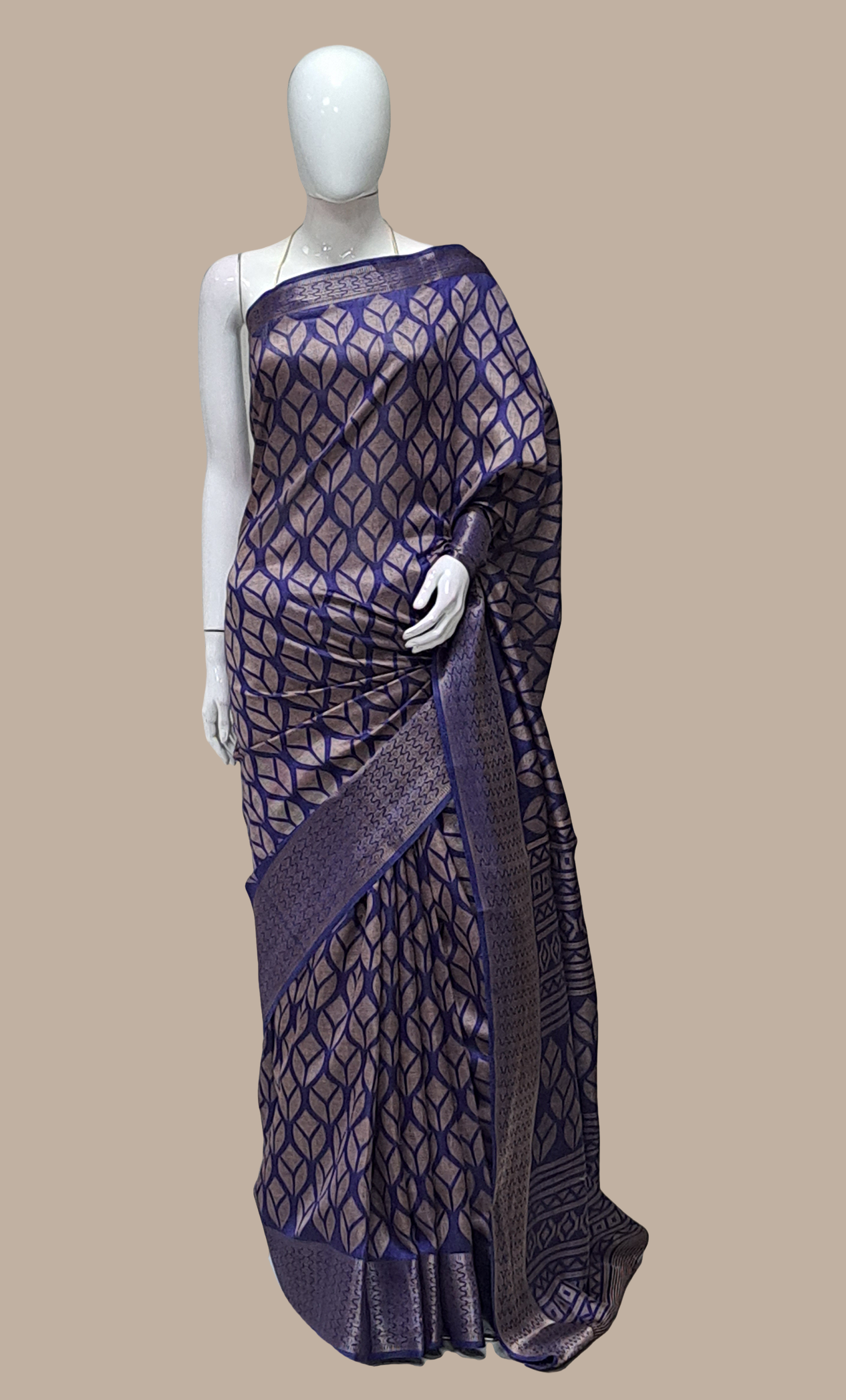 Navy Blue Printed Cotton Sari