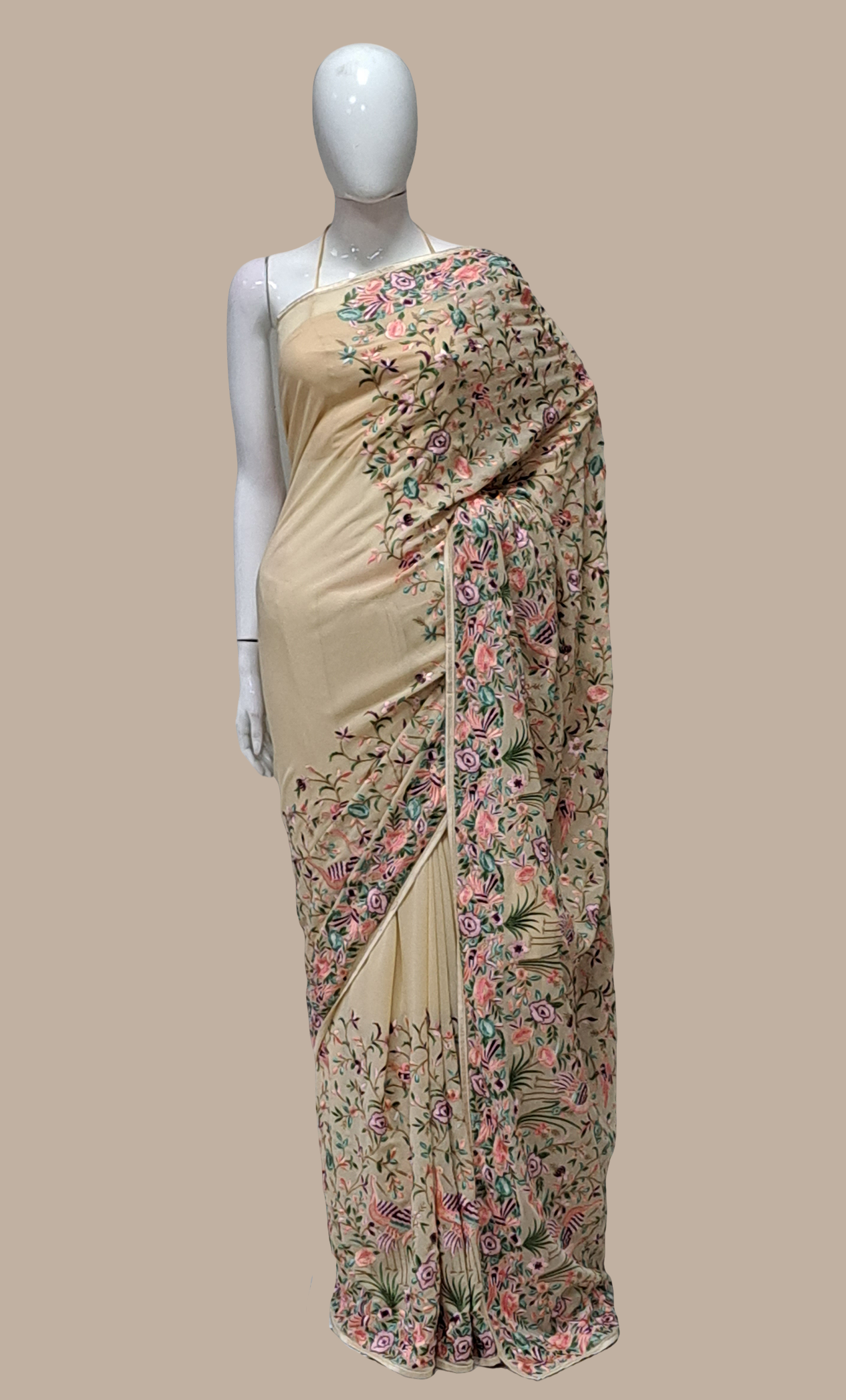 Soft Biscuit Embroidered Sari