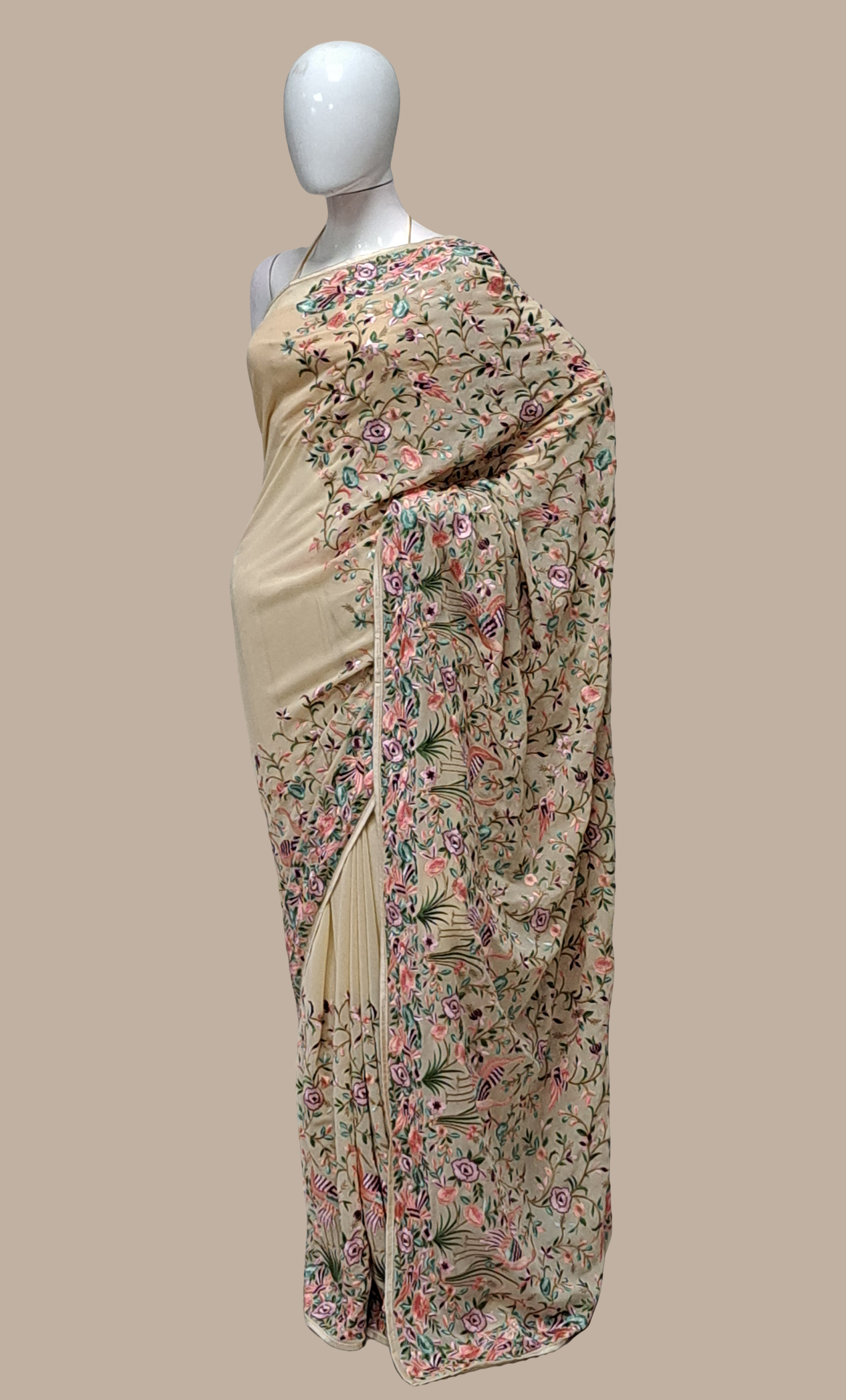 Soft Biscuit Embroidered Sari