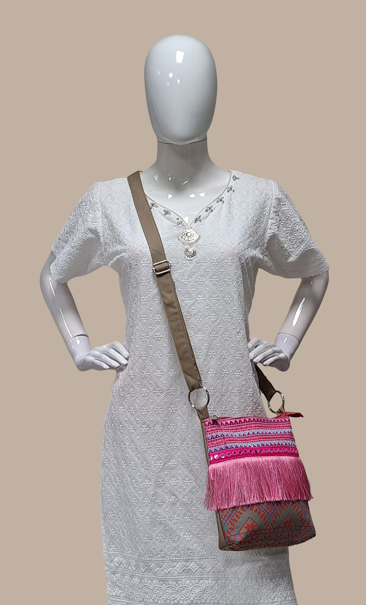 Khaki Embroidered Sling Bag