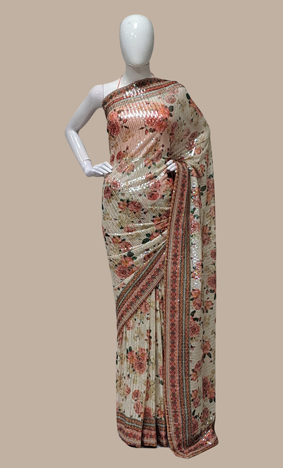 Floral Printed With Sequin Embroidered Sari