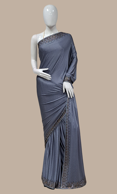 Dark Grey Stonework Embroidered Sari