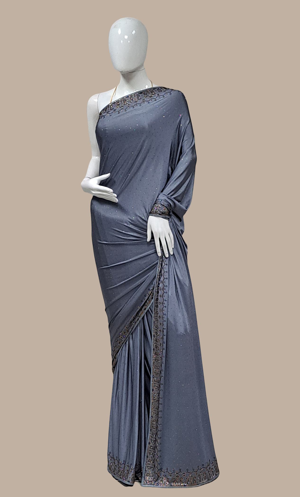 Dark Grey Stonework Embroidered Sari
