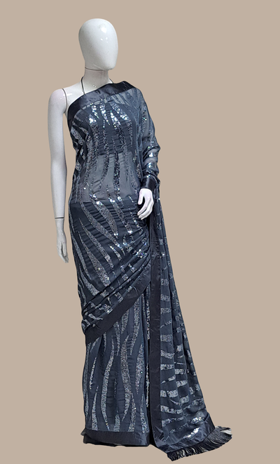 Deep Grey Sequin Embroidered Sari