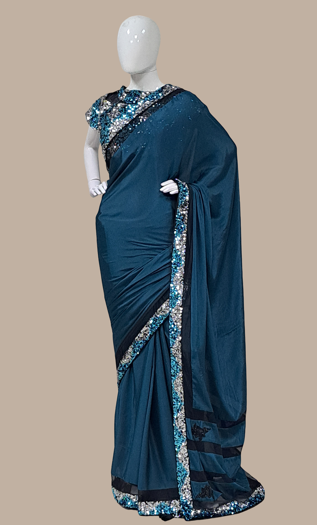Dark Teal Embroidered Sari