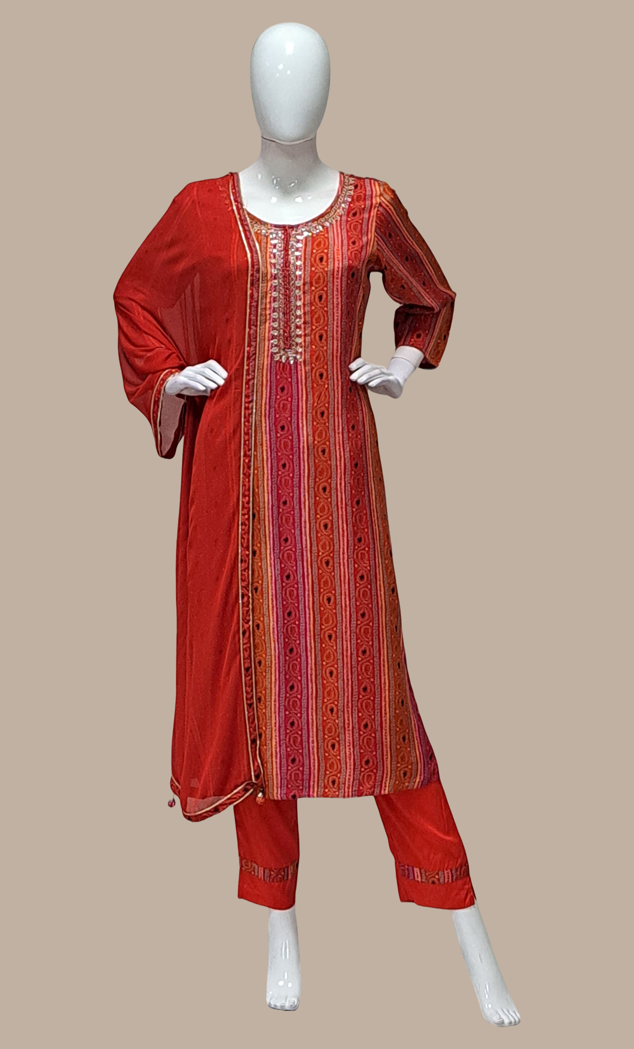 Red Bandhani Printed Punjabi