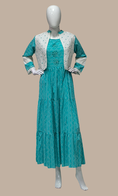 Aqua Blue Bandhani Printed Dress & Jacket