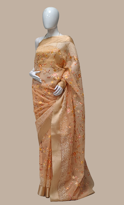 Soft Peach Embroidered Cotton Sari