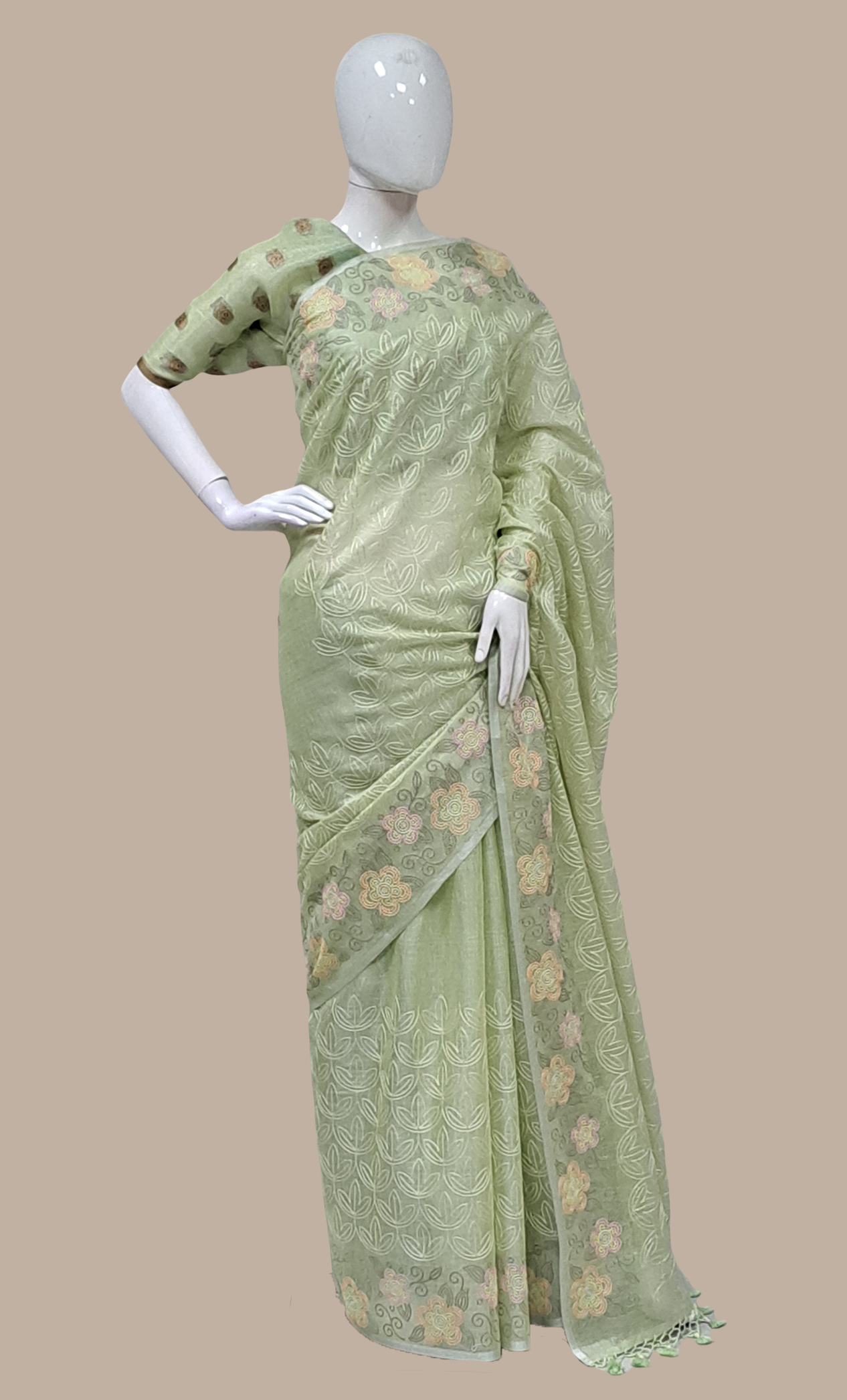 Soft Mint Embroidered Cotton Sari
