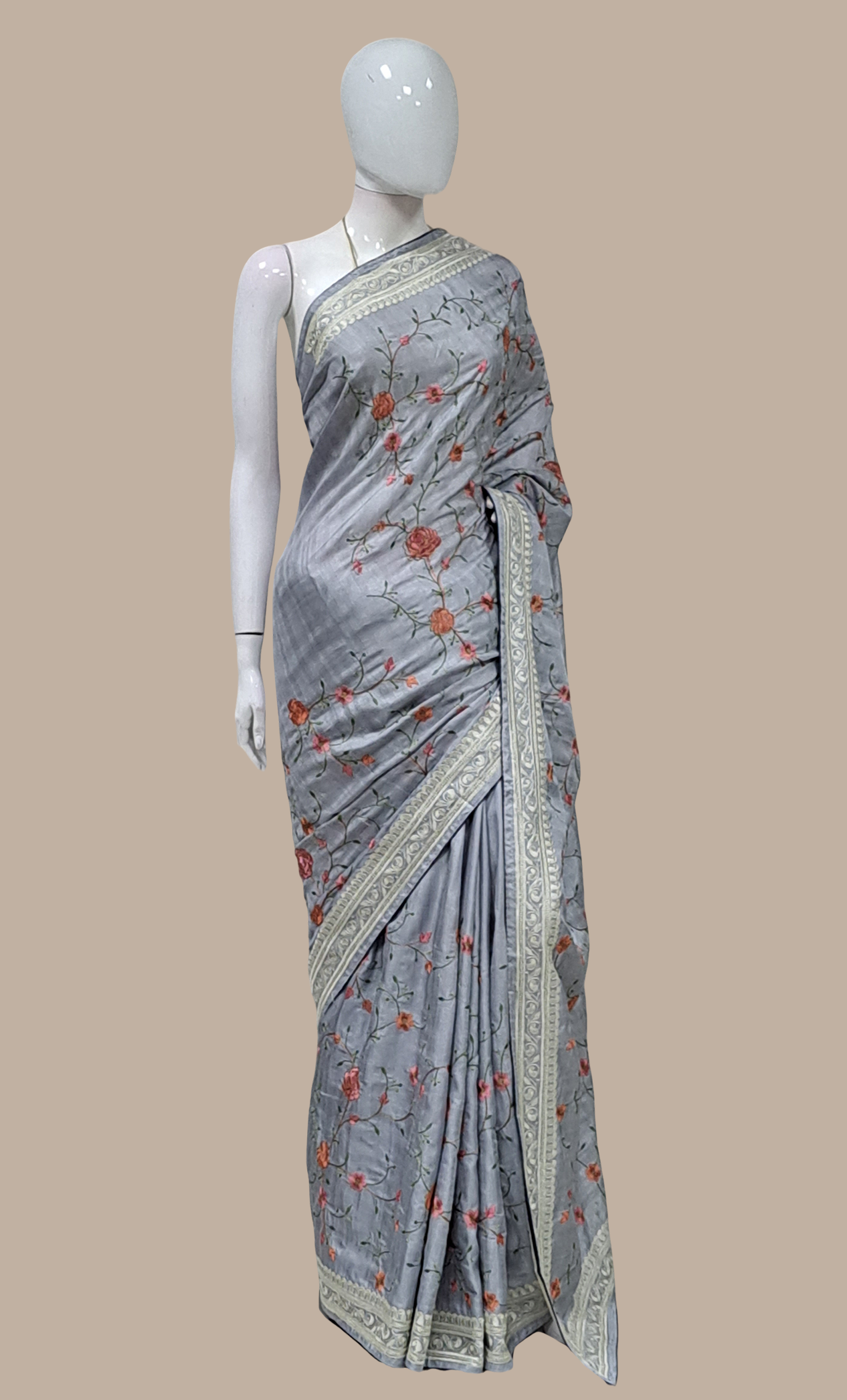 Deep Grey Embroidered Sari