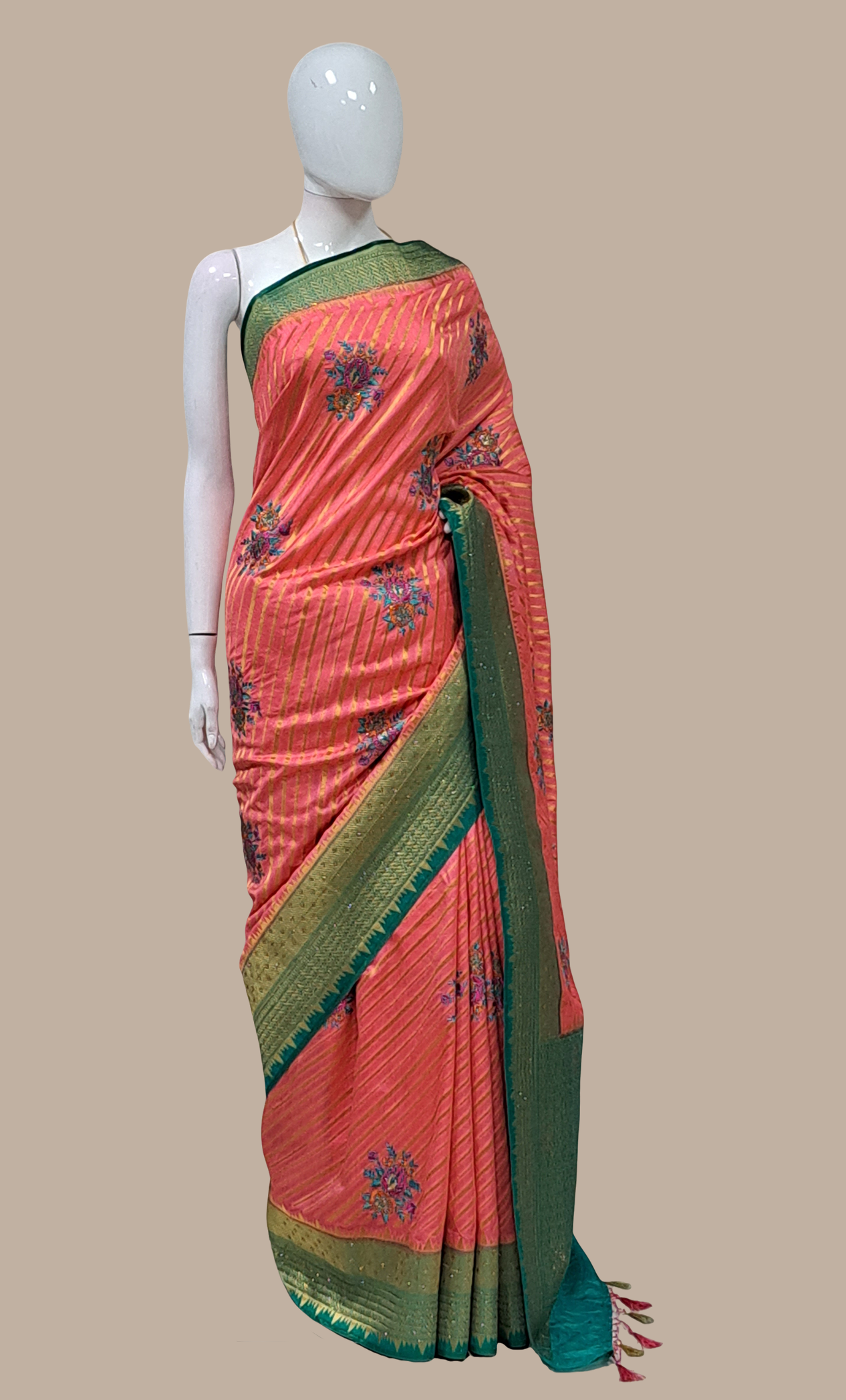Deep Salmon Woven Art Silk Sari
