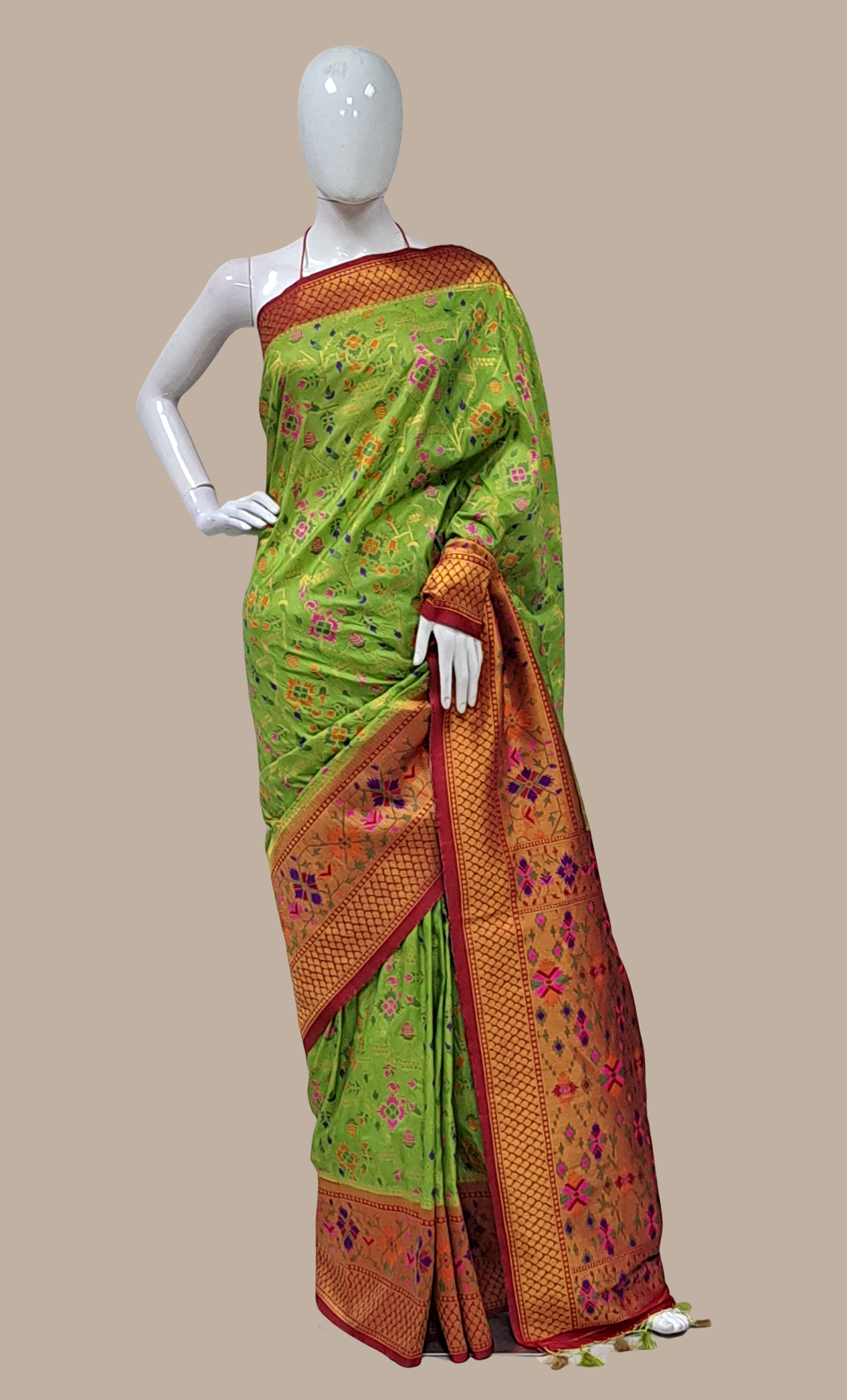 Lime Green Woven Art Silk Sari