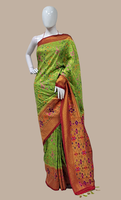 Lime Green Woven Art Silk Sari