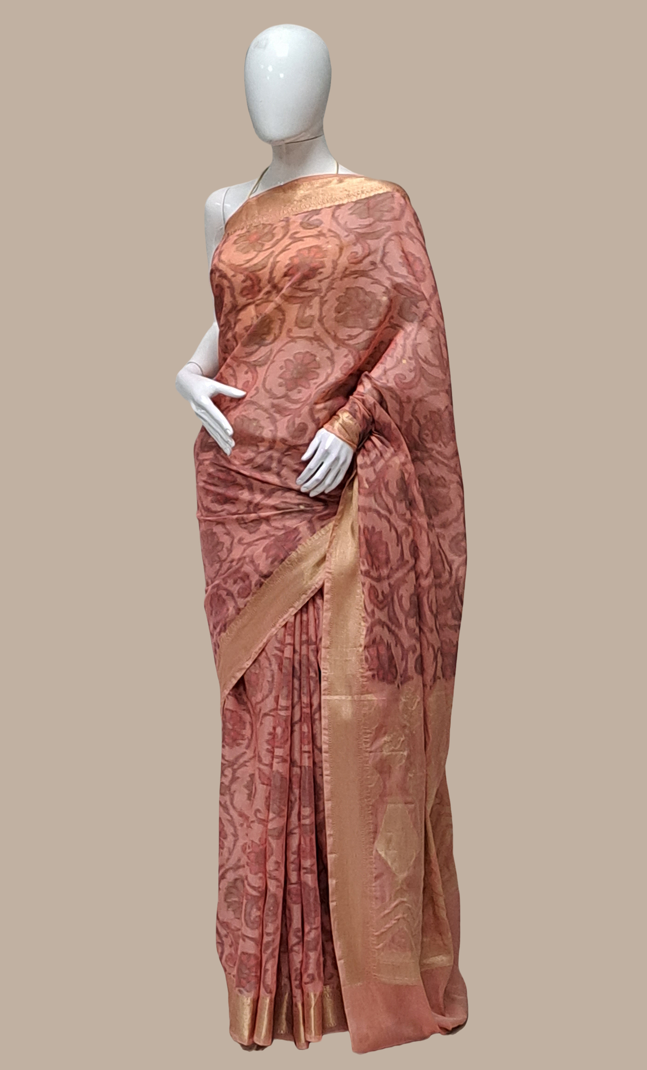 Soft Salmon Pink Printed Cotton Sari