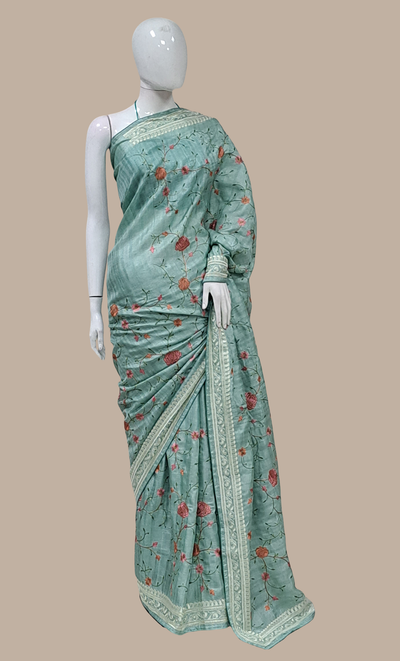 Pale Aqua Embroidered Sari