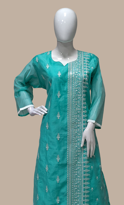 Deep Aqua Green Embroidered Punjabi