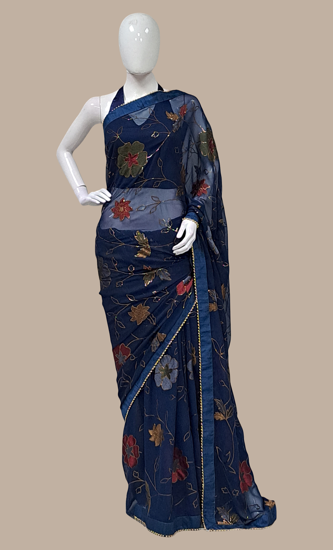 Navy Blue Embroidered Sari