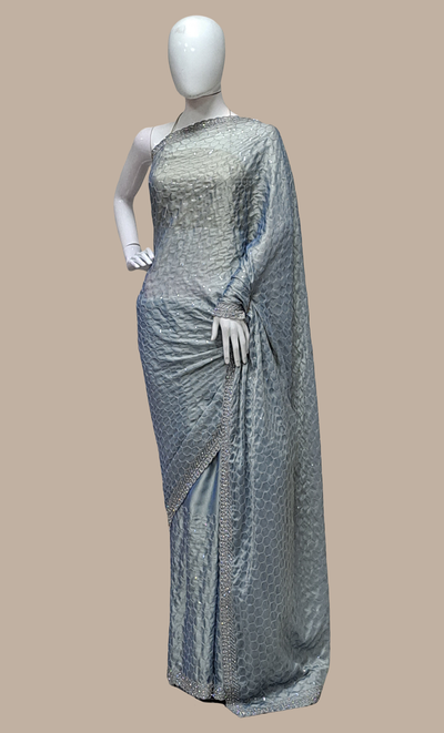 Soft Grey Embroidered Sari