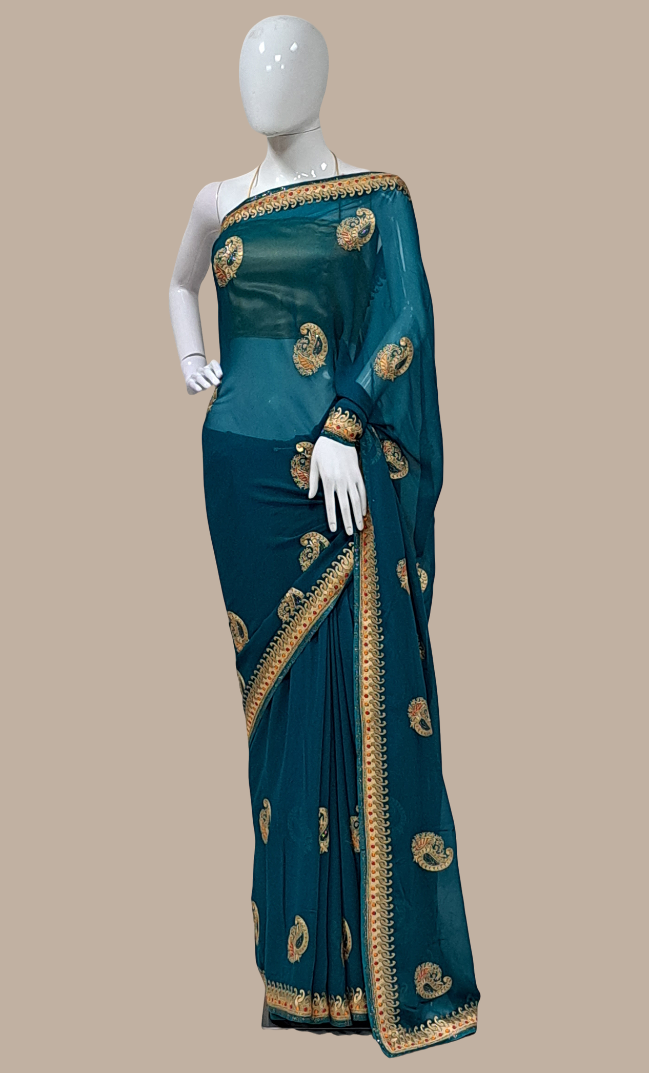 Deep Teal Green Embroidered Sari