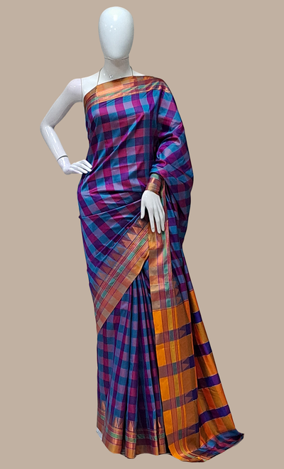 Purple Check Kanjivaram Sari