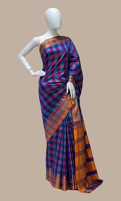 Purple Check Kanjivaram Sari