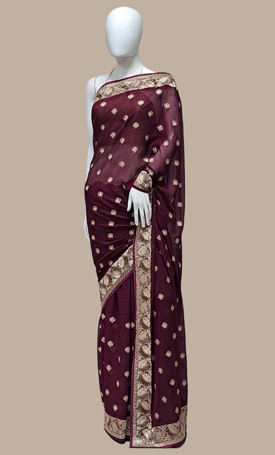 Dark Plum Embroidered Sari