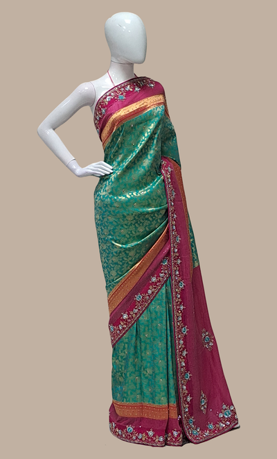 Teal Turquoise Embroidered Sari