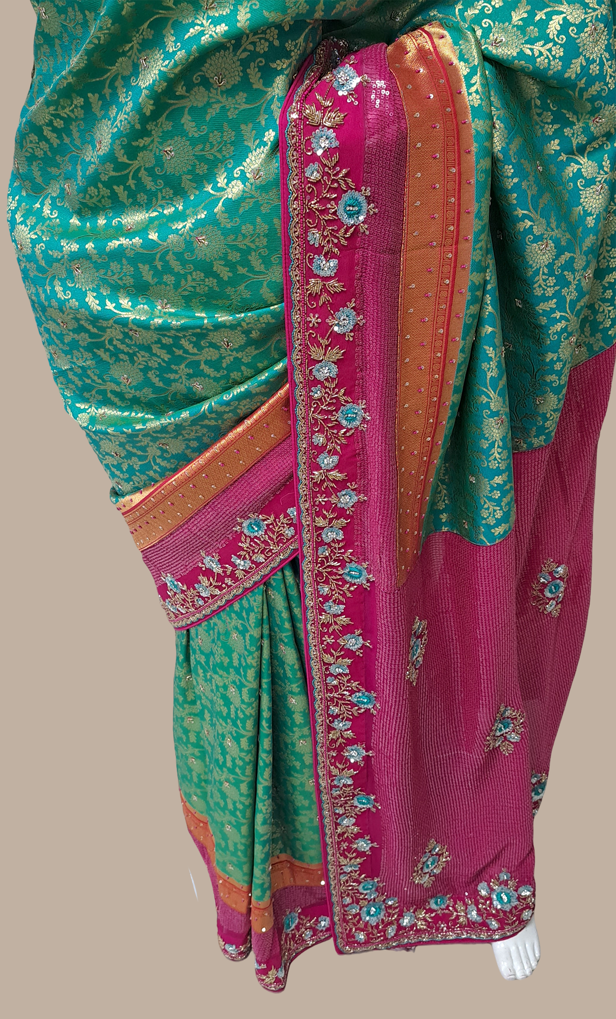 Teal Turquoise Embroidered Sari