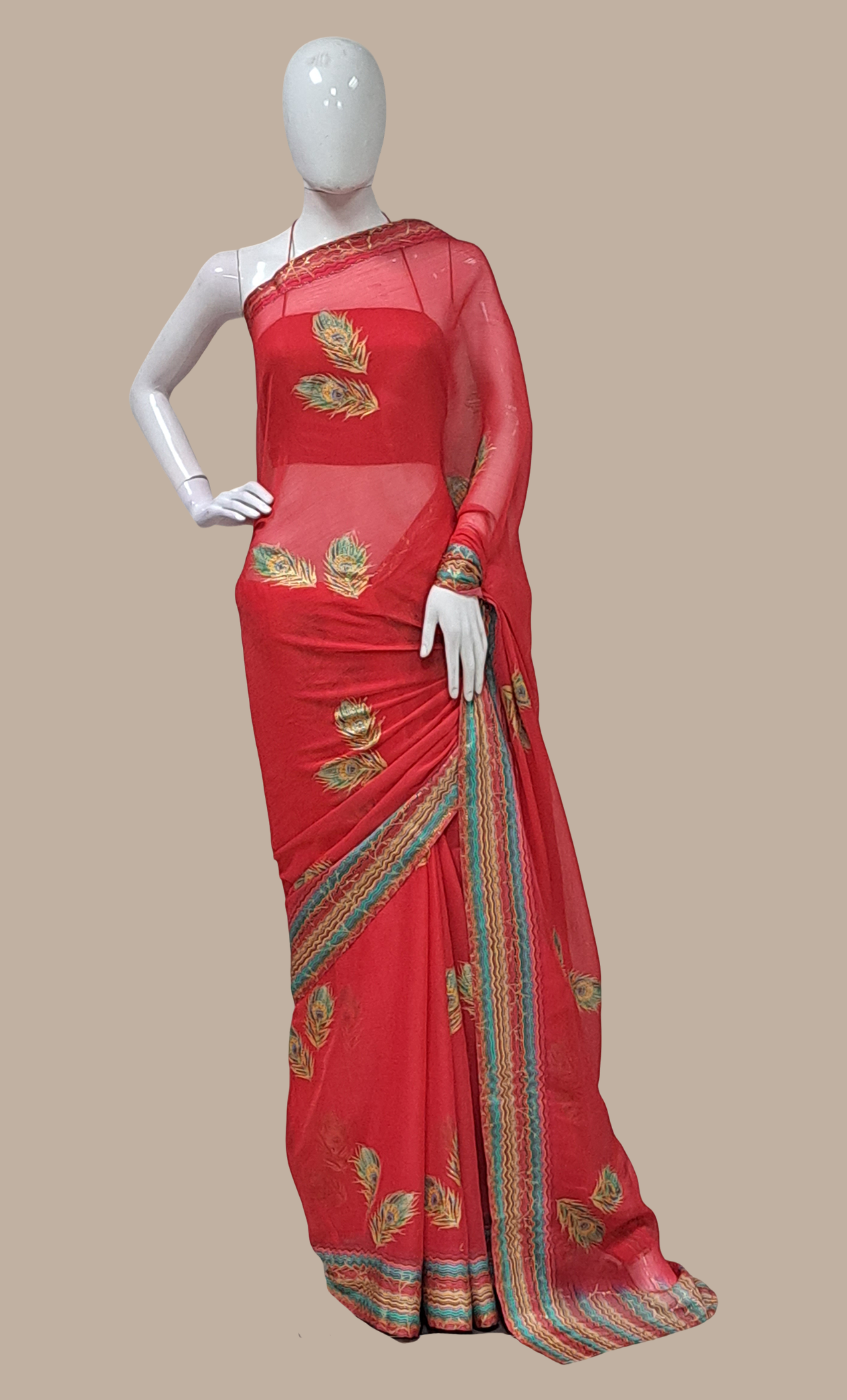 Cherry Red Embroidered Sari