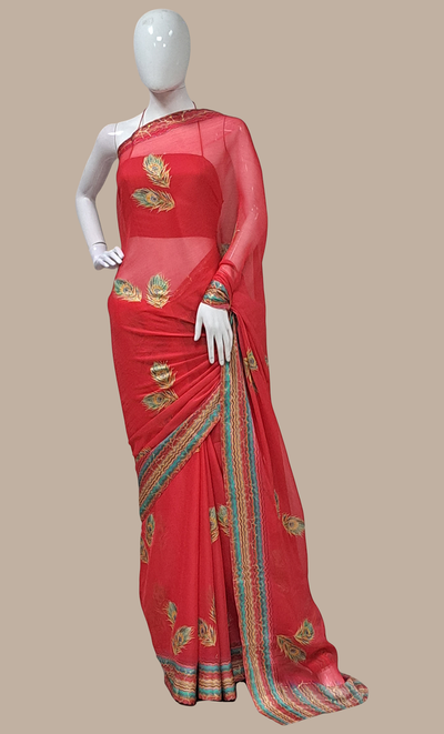 Cherry Red Embroidered Sari