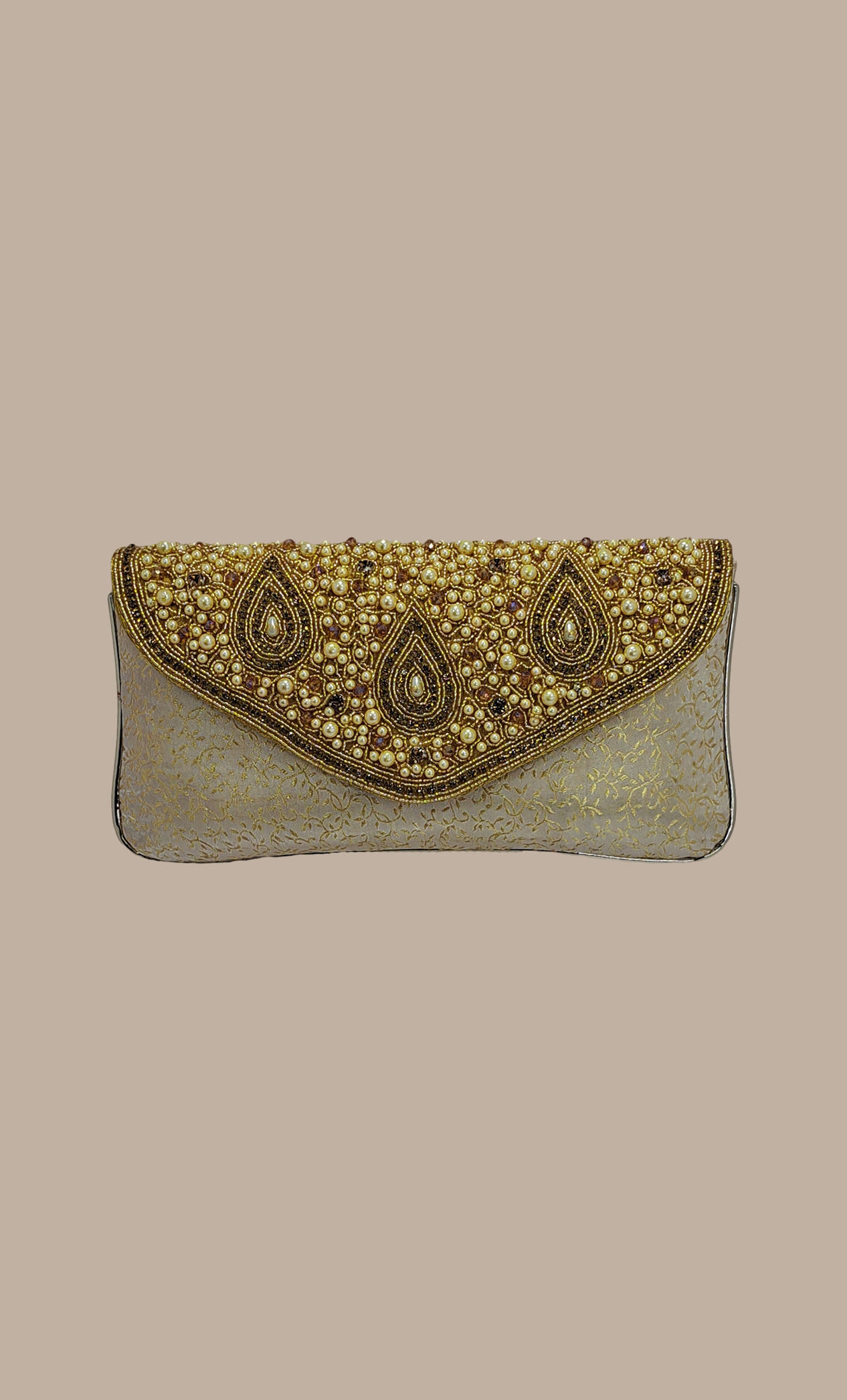 Soft Cream Stone Work Embroidered Clutch