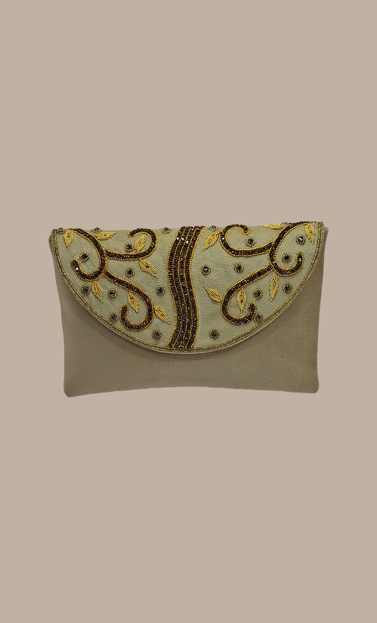 Beige Stone Work Embroidered Clutch