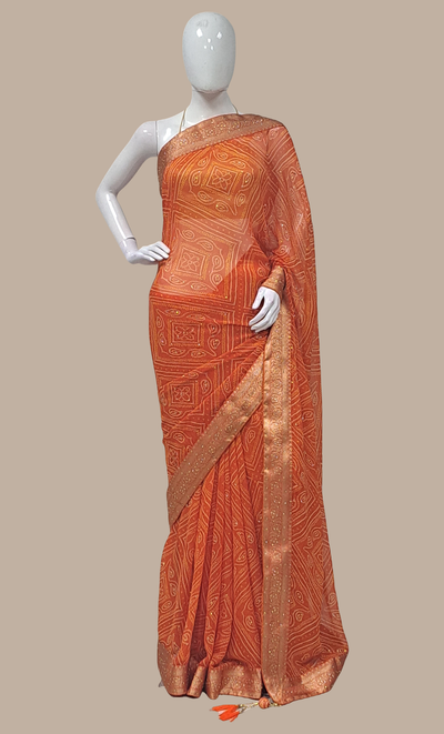 Orange Bandhani Printed Sari