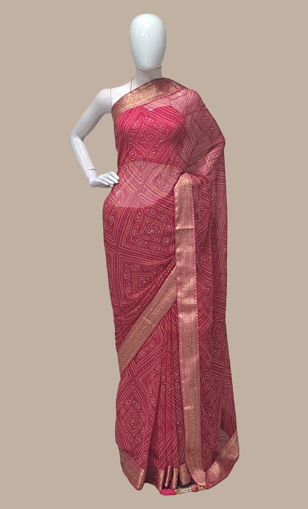 Cerise Bandhani Printed Sari