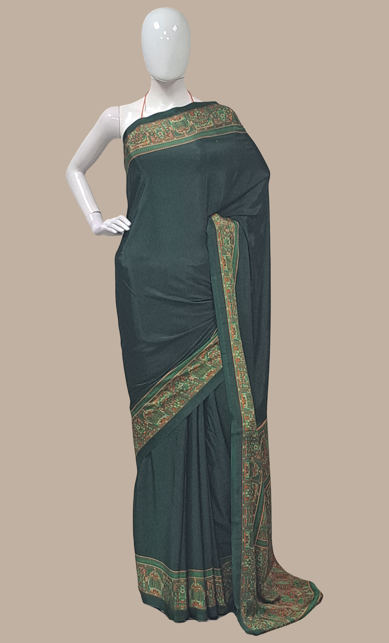 Dark Green Border Printed Sari