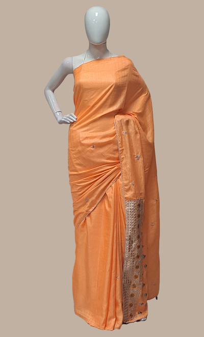Bright Peach Embroidered Sari