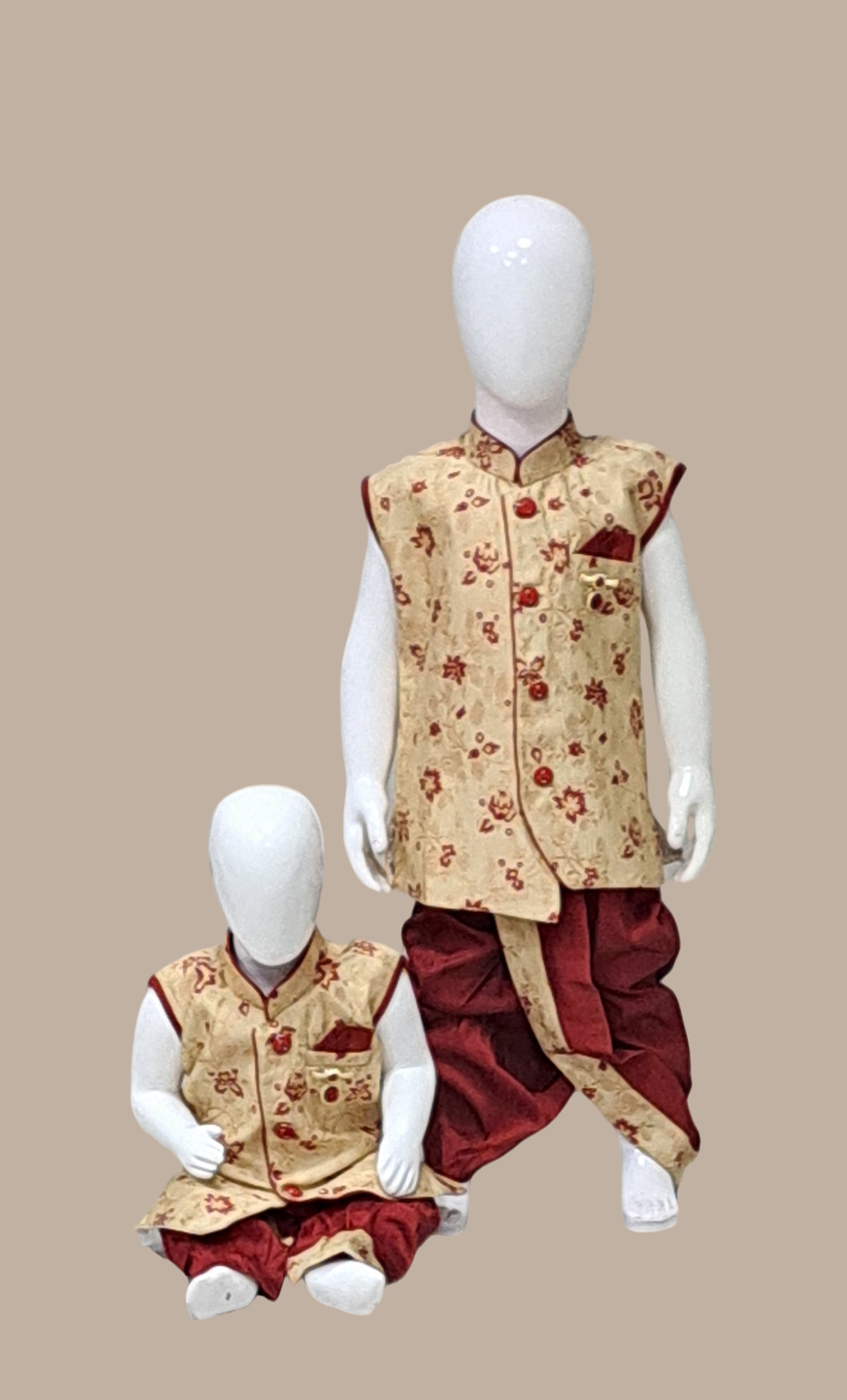 Toddler Boys Deep Beige Embroidered Dhoti Set