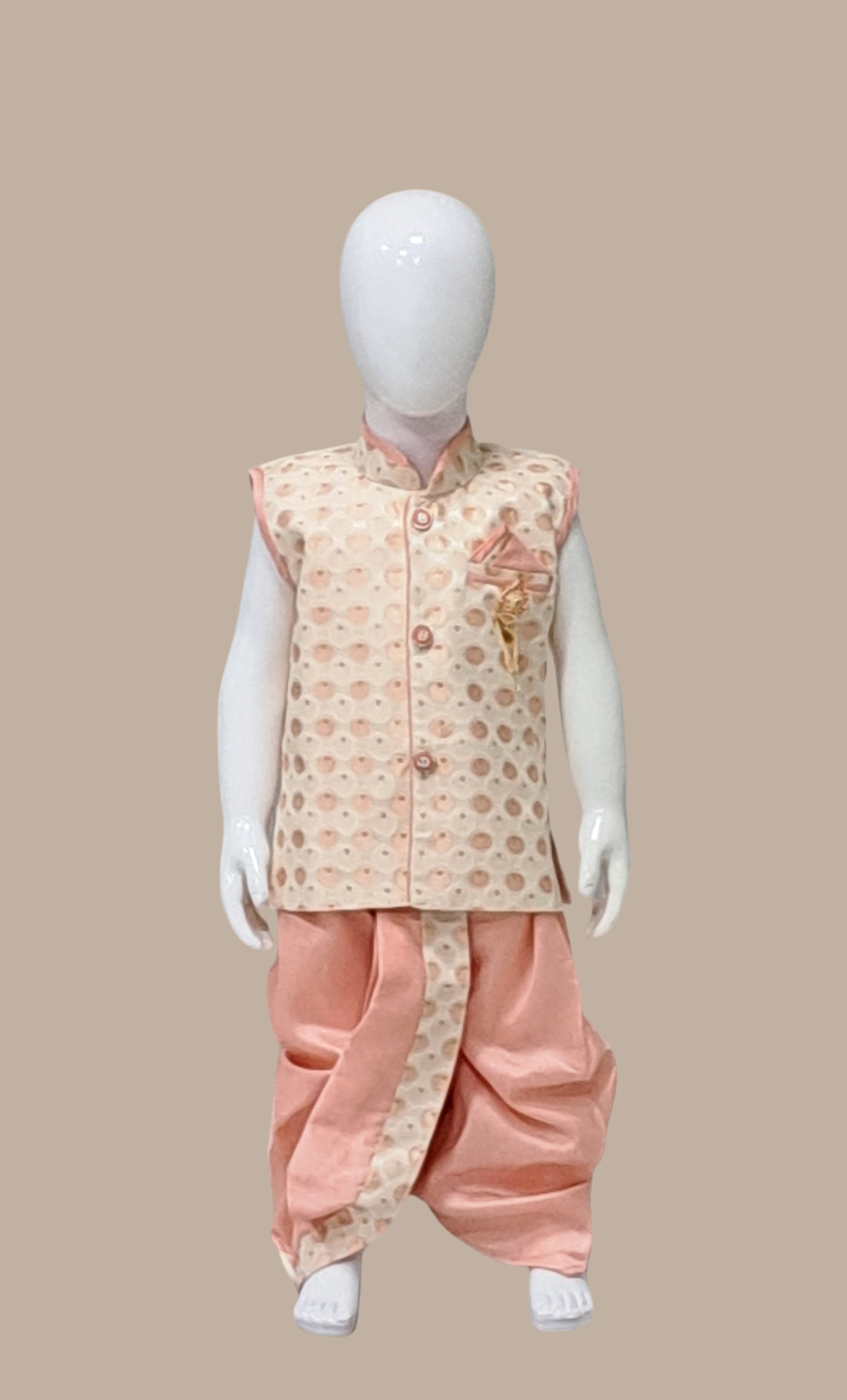 Toddler Boys Soft Peach Embroidered Dhoti Set