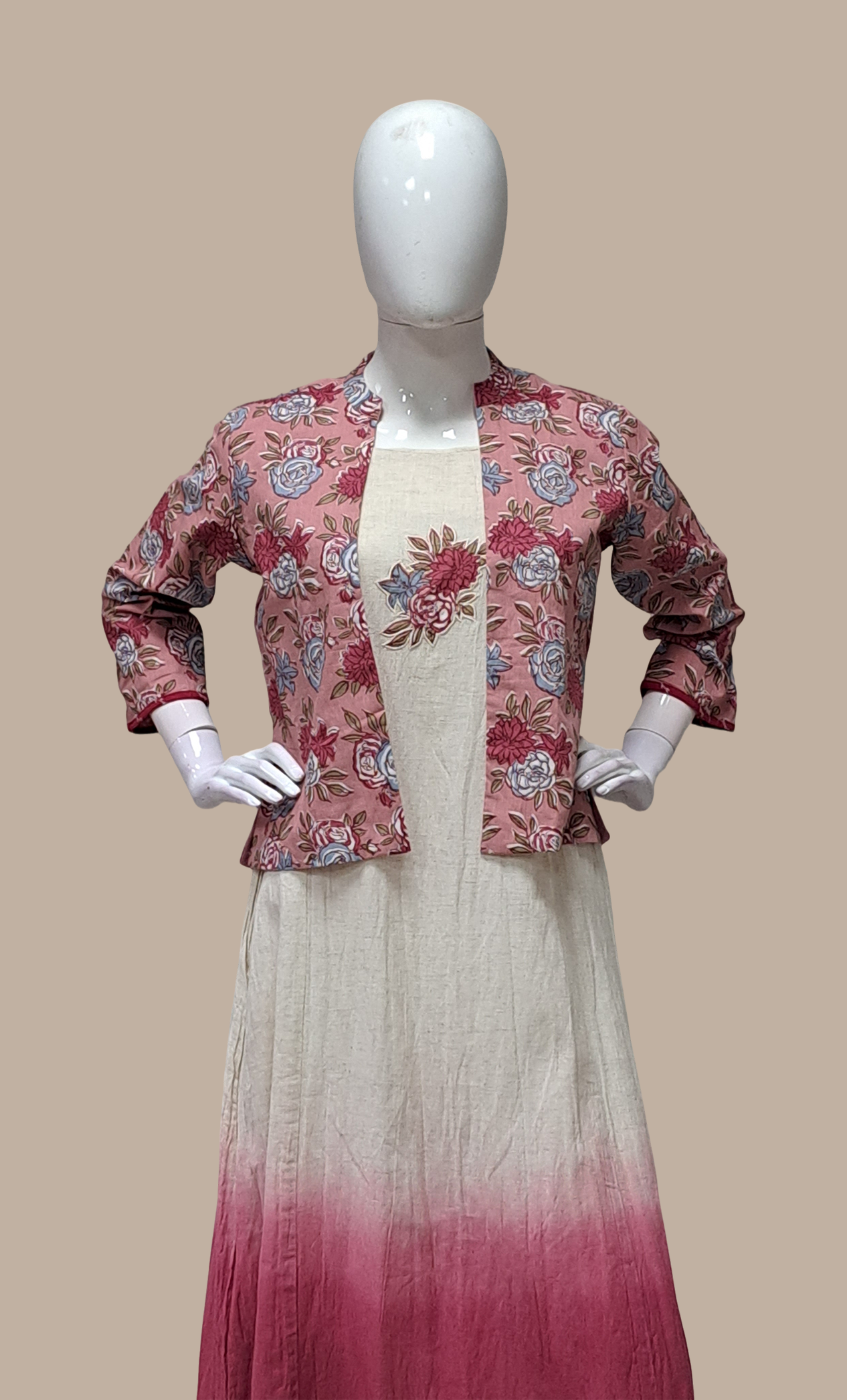Deep Biscuit Embroidered Dress & Jacket