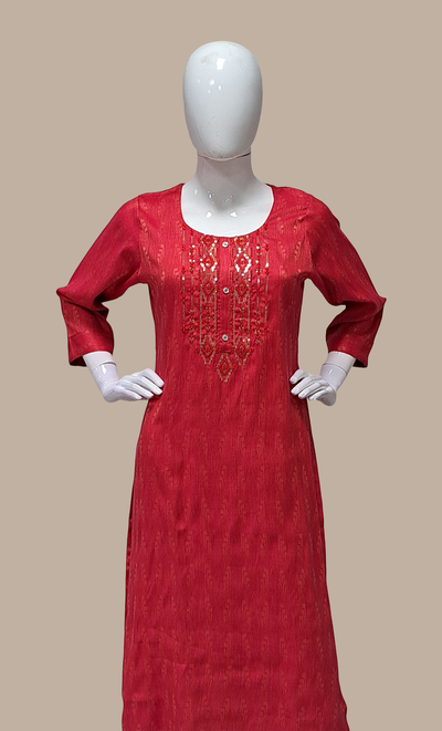 Deep Coral Embroidered Kurti Top