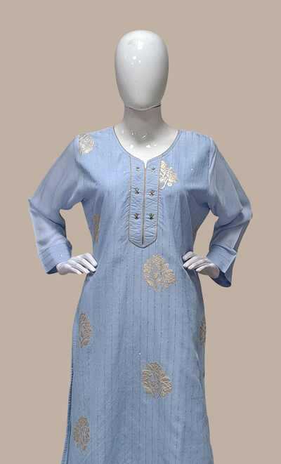 Sea Blue Embroidered Kurti Top