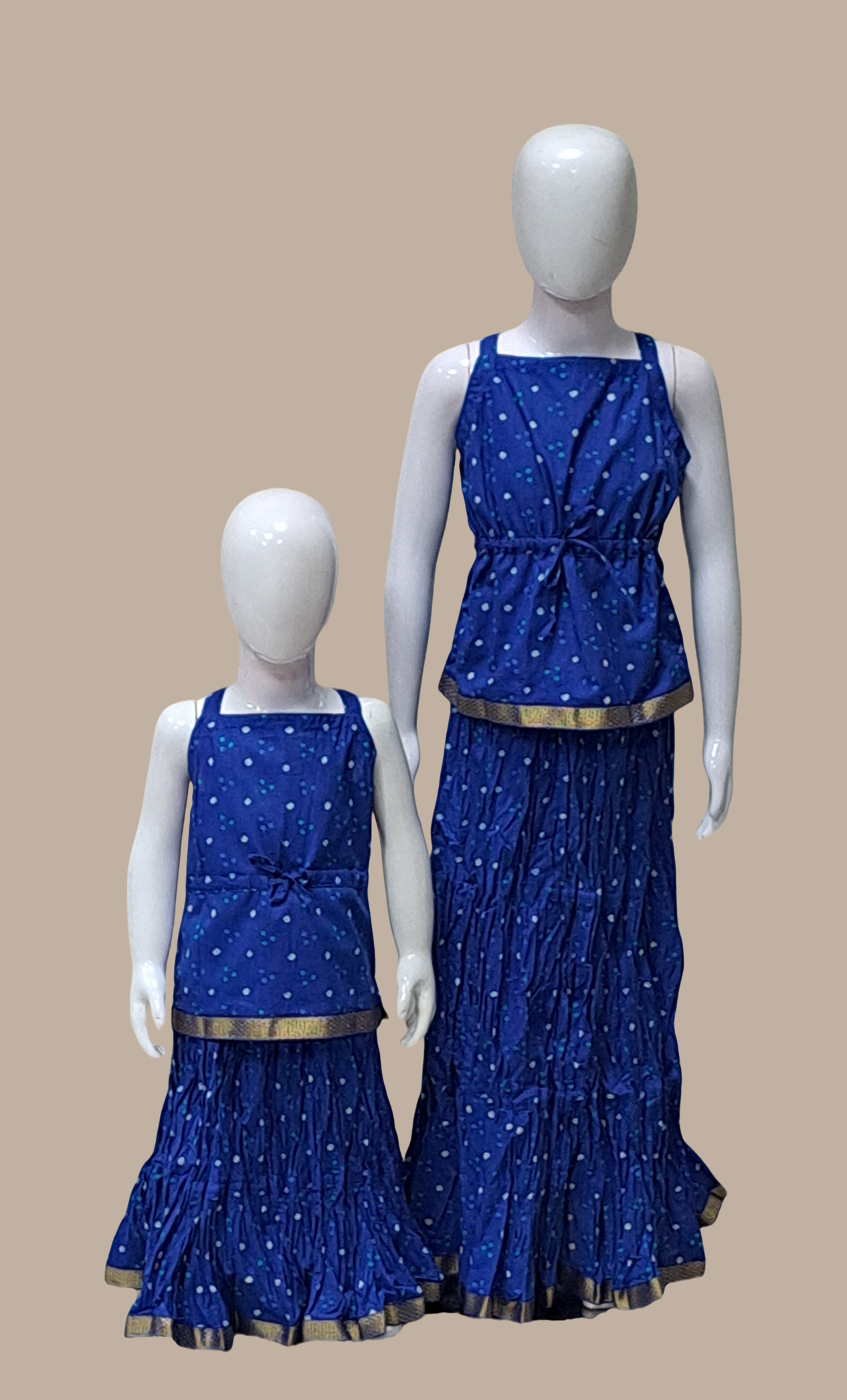 Deep Blue Bandhani Printed Kurti Top & Skirt Set