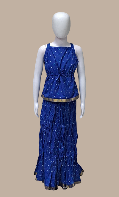 Deep Blue Bandhani Printed Kurti Top & Skirt Set