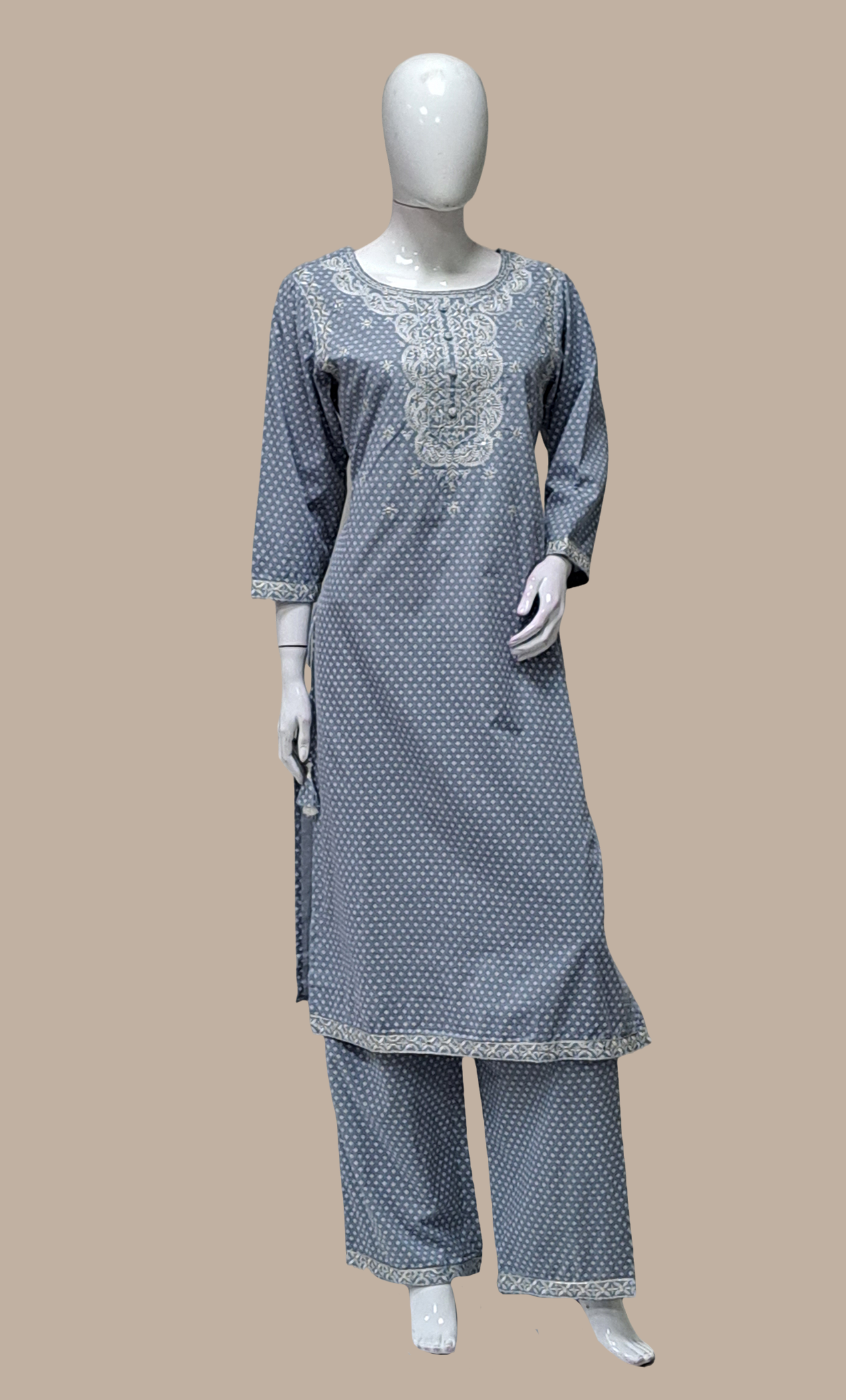 Deep Grey Embroidered Kurti Top & Pants